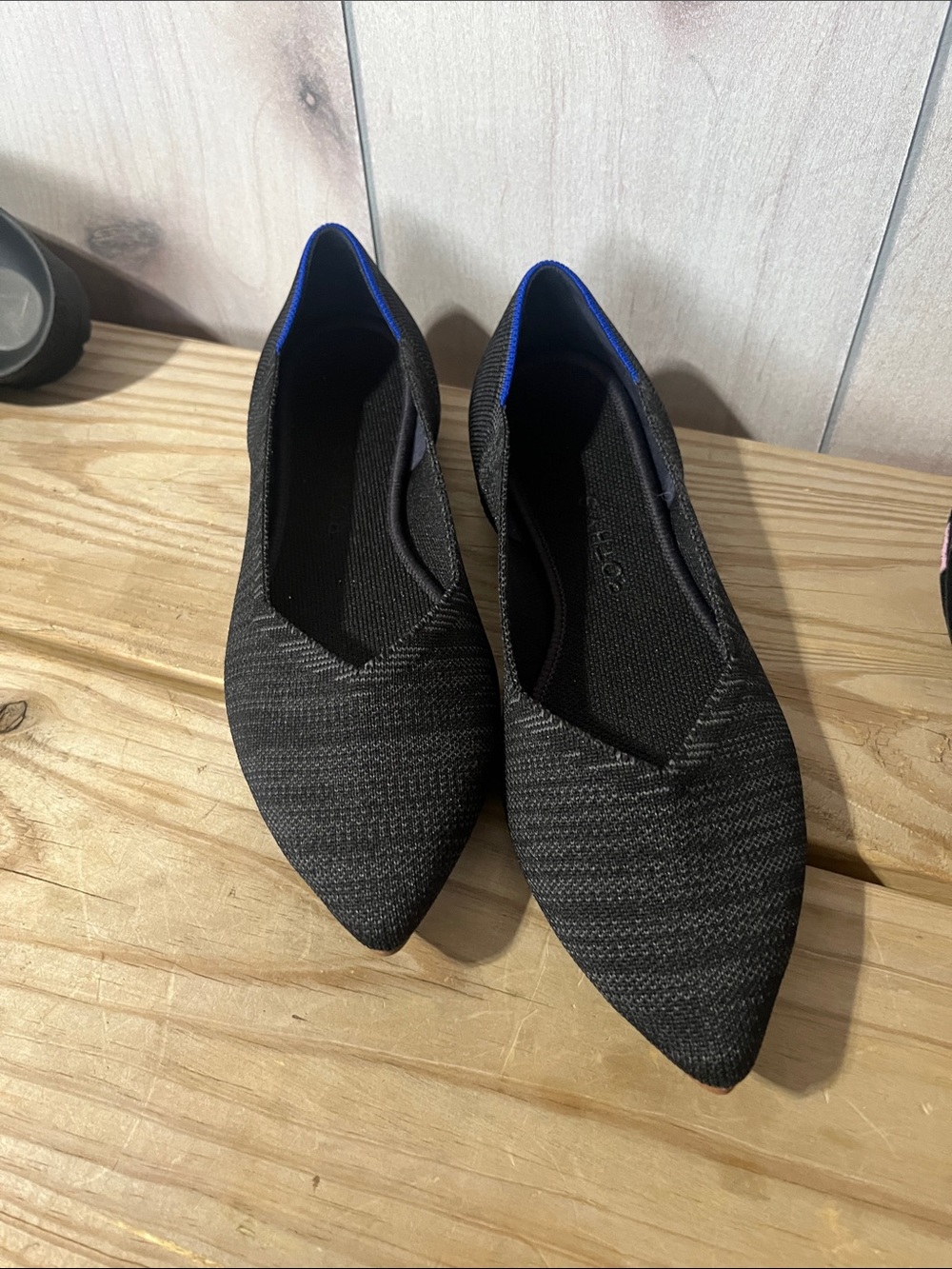 Rothy's Black Pointed Knit Flats with Blue Trim